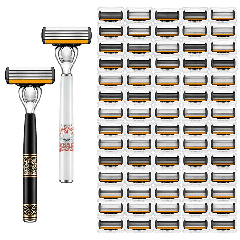 This shaver features built-in 6-layer high-precision stainless steel blades, includes a blade replacement system for 72 blades, and comes with 2 non-slip handles, providing men with a smooth, precise grooming experience.