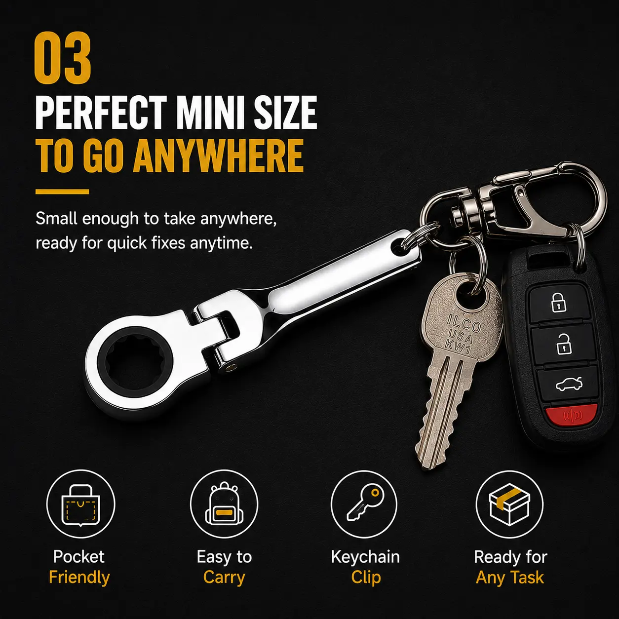 Portable 10mm Ratchet Wrench Metal Keyring Mini Keychain Adjustable Handle Tool Key Chain