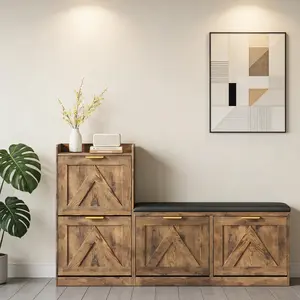 Garvee Shoe Storage Cabinet with Bench, 4 Flip-Drawer Organizer, Adjustable Left/Right, Cushioned Seat, Removable Shelves, Narrow Hallway Storage for 35-40 Pairs, Rustic Brown Finish