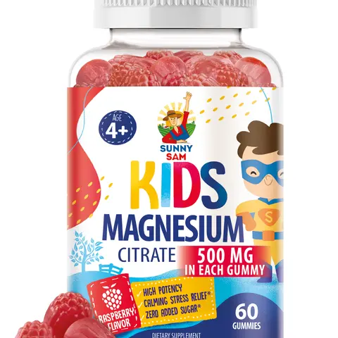 Sunny Sam Sugar-Free Low Sugar Magnesium Citrate Gummies - 500mg Anti-Stress Children Vitamins & Supplements for Kids - Chewable Daily Mood, Muscle & Sleep Support, Raspberry Flavor