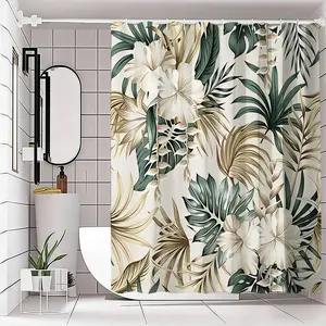 Elegant Tropical Botanical Shower Curtain, Hibiscus Flowers & Monstera Leaves, Creamy Off-, Accents, Nature-Inspired Decor
