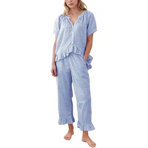 Womens Plaid 2 Piece Cotton Gingham Pajama Sets Short Sleeve Babydoll Shirt Ruffle Pants Y2K Lounge PJS Cute Sleepwear