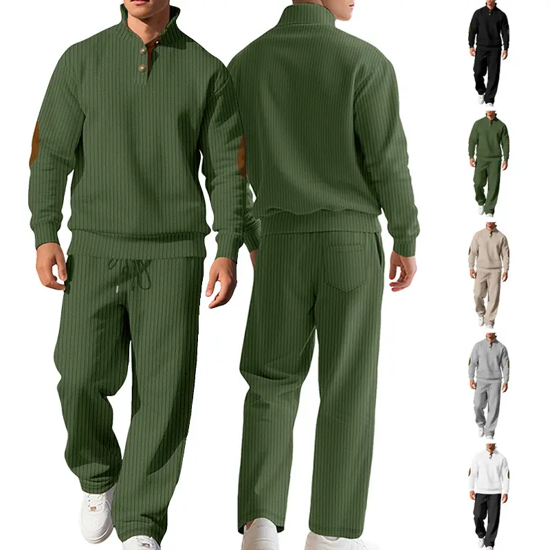 Men's casual athletic set featuring a stand collar long-sleeved top with elbow detailing and jacquard loose-fit pants.