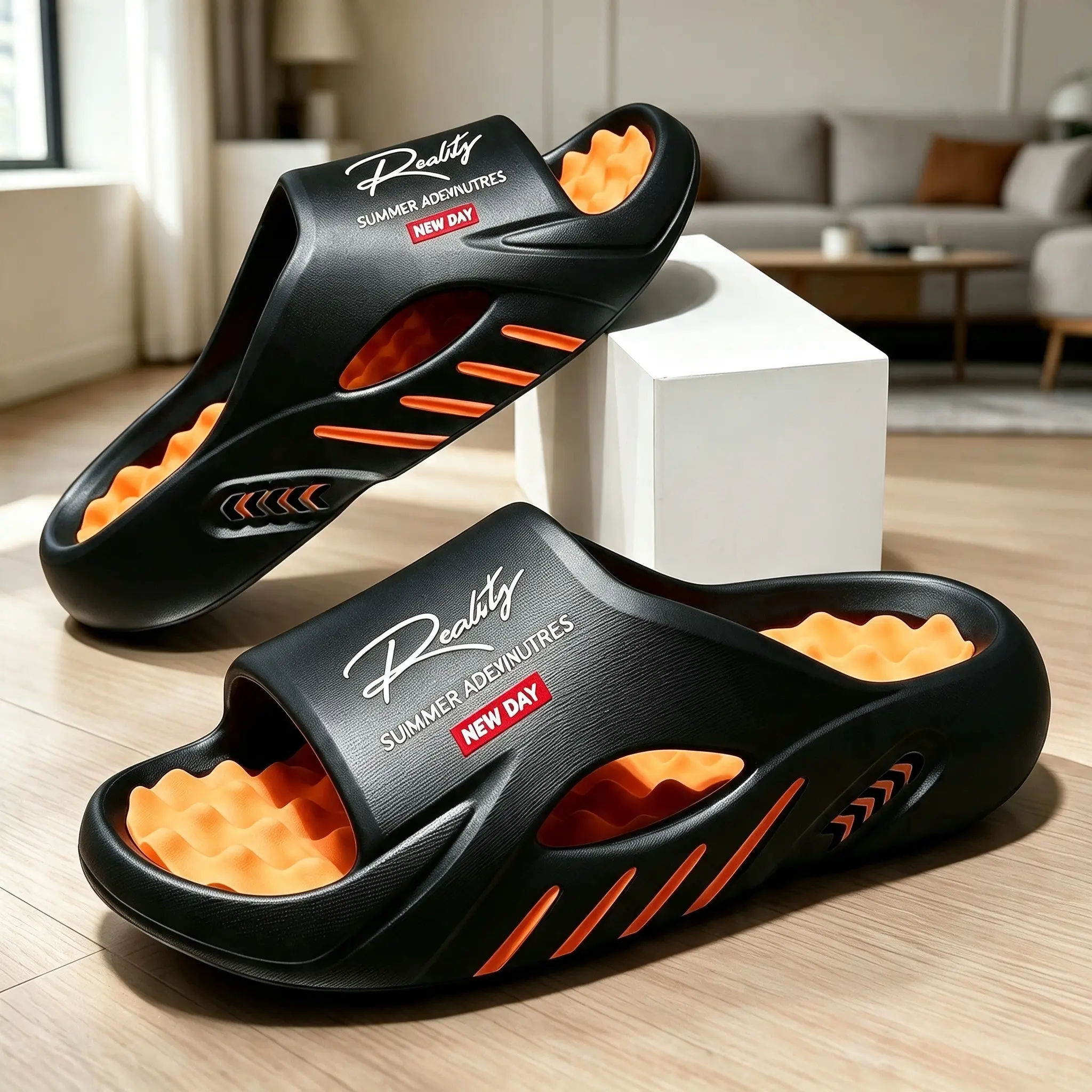 Men's Soft EVA Platform Slide Sandals - Non-Slip Thick-Sole Fashion Flop Slippers, Breathable Indoor Outdoor Footwear, Big Sizes 36-49 Black Sport Slippers for Summer Shower Use, Fashion Slippers
