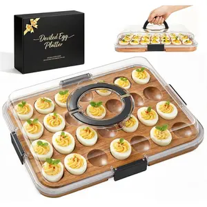 Deviled Egg Containers with Lid Easter Gifts Set (28 Eggs), 2026 Upgraded Acacia Wooden Deviled Egg Tray Platter for Party,  Kitchen  for Women, The Lid is Dishwasher Safe (Black)