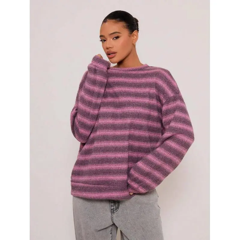 Oversized Crew Neck Striped Jumper Casual Y2k 90's Stripe Airport Outfits Holiday Graphic Oversized Sweater Fall Back To School