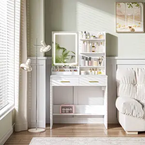 Vanity Desk With Mirror And Light, Makeup Vanity With Power Outlet, Drawers, Open 3 Storage Shelves And 2 Compartments, 3 Color Modes