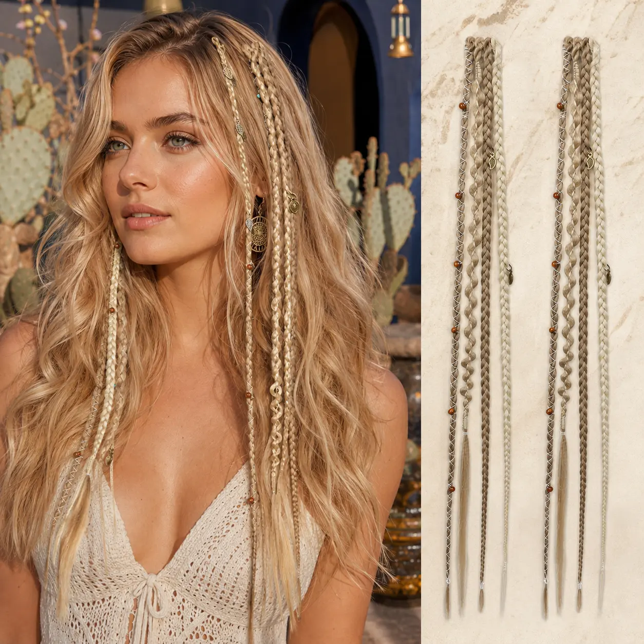 Clip in Braid Hair Extensions 16"2PCS Color Medium Blonde & Platinum Blonde BONNYWAY Boho Dreadlocks Handmade Synthetic Braids with Beads & Charms Braided Hairpieces for Women Kids
