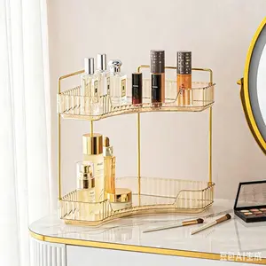 2 Tier Corner Bathroom Organizer Countertop, 90 Degree Clear Skincare Storage Shelf with Gold Metal Frame, U-Shaped Vanity Cosmetic Organizer for Bathroom Sink Corner Dresser