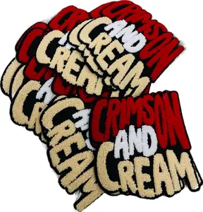 Crimson and Cream Chenille Patch Varsity Style Iron-On Apparel Accent Soft High-Quality Texture Cursive Lettering for Jackets Backpacks DIY Fashion