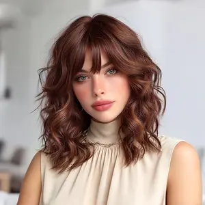 Women's Highlight Brown Wigs Suitable for Skin Tones, Natural Looking Loose Synthetic Hair Wig with Bangs & - Heat Resistant Fiber Wig for Cosplay, Daily Wear, Parties, Comfortable Wig for Bangs Styles