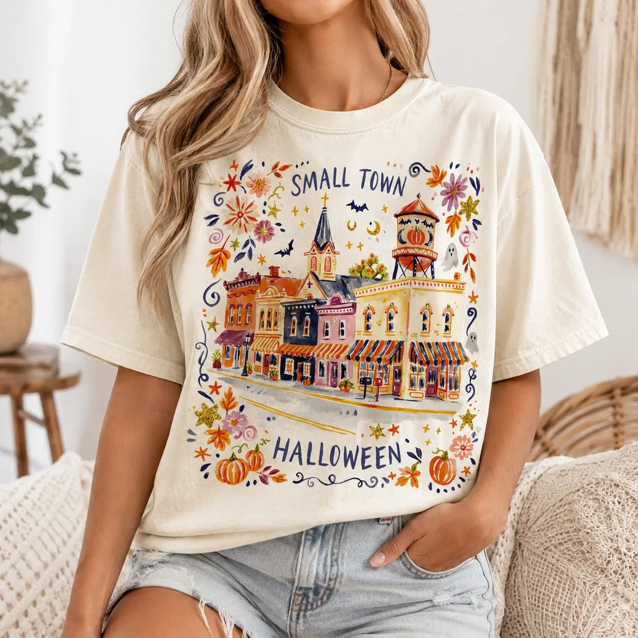 Comfort Colors Small Town Halloween Main Street Watercolor Houses Adults Short Sleeve October Gathering, Cute Cottagecore Autumn Outfit Sister Gift
