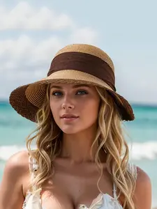 Bow Beach Style Wide Brim Sun Hat, Outdoor Foldable Straw Hat with UV Protection, Casual Vacation Accessory, Panama Hat