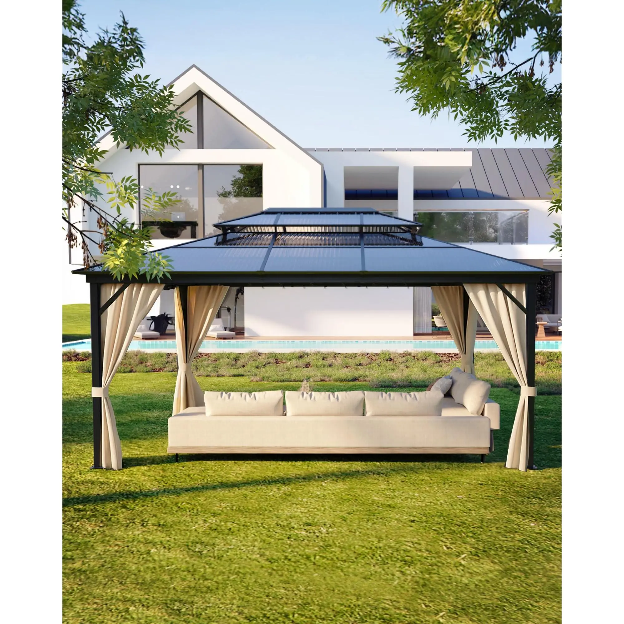 12ft x16ft Sturdy Hard Top Gazebo - All-Weather Permanent Outdoor Structure with Double Polycarbonate Sheets Roof, Aluminum Alloy Frame, Net, Curtain for Patio Relaxation, Reading, Lounging Parties