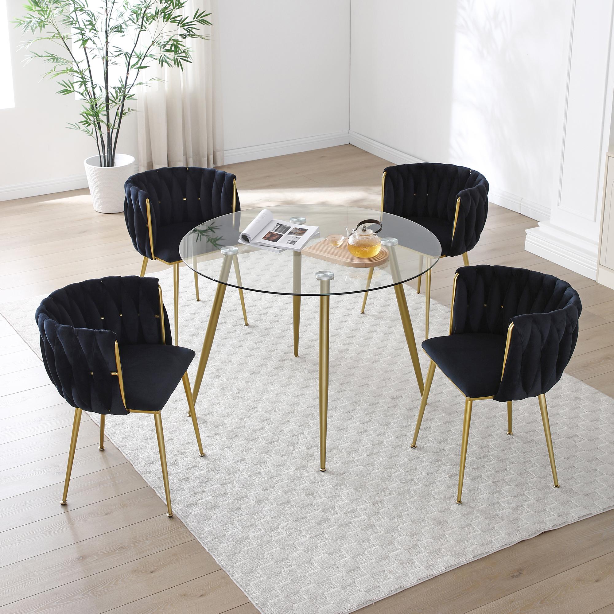 Eyisean 28" H Velvet Modern Dining Chairs Set of 2, Luxury Upholstered Side Chair with Curved Woven Backrest, Durable Accent Chair with Golden Metal Legs, Easy Assembly for Dining Room, Kitchen, Living Room