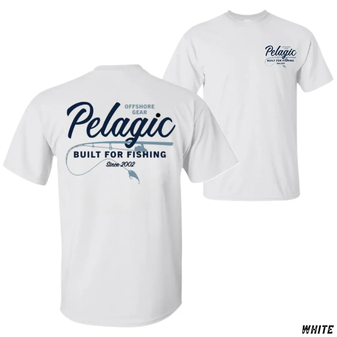 Pelagic Offshore Built for Fishing T-Shirt, Classic Rod & Hook Graphic Tee, Soft Cotton Shirt for Men, Saltwater Angling Apparel, Outdoor Gift for Fishing Enthusiasts