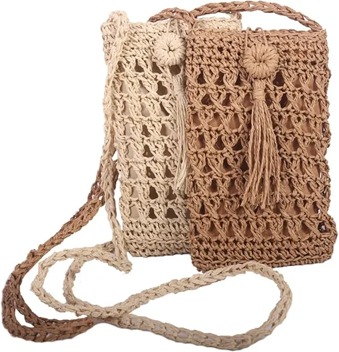 Straw Bag for Women Casual Woven Single Shoulder Summer Portable Crossbody Beach Travel Vintage Handwoven Tassel Bag with Buckle Beige Khaki Handmade Bags Hand Crocheted Bag