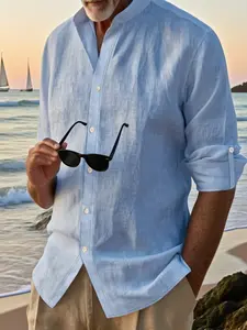 Men's linen texture Breathable button front long sleeve shirt, classic casual fitted collared regular version solid color plain collar top, back to school men's shirt, fashion streetwear men' summer daily clothing, adjustable cuffs