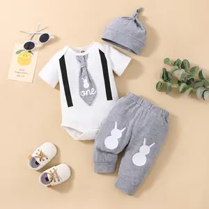 Imcute 3PCS Newborn Infant Baby Boys My First Easter Outfits Set Short Sleeve Gentleman Romper Top Bunny Pants Hat Infant Easter Clothes