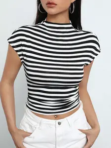 Striped Print Mock Neck Crop Tee - Stylish Casual Top for Versatile Wear, Perfect for Layering or Layering