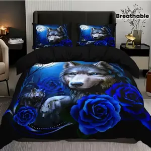 3pcs Fashion Dark Rose Floral Animal Wolf HD Digital Print Bedding Set, Home Comfort Sheet Set, Stylish Night Design, Breathable Duvet Set