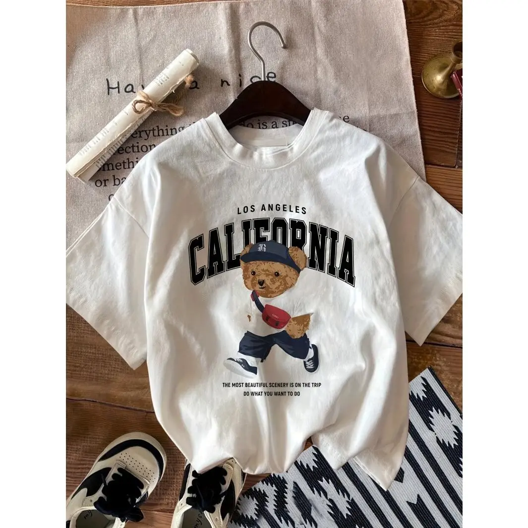 California Teddy Bear Graphic T Shirt Women Oversized Crewneck Short Sleeve Loose Fit Streetwear Casual Summer Top Trendy Outfit