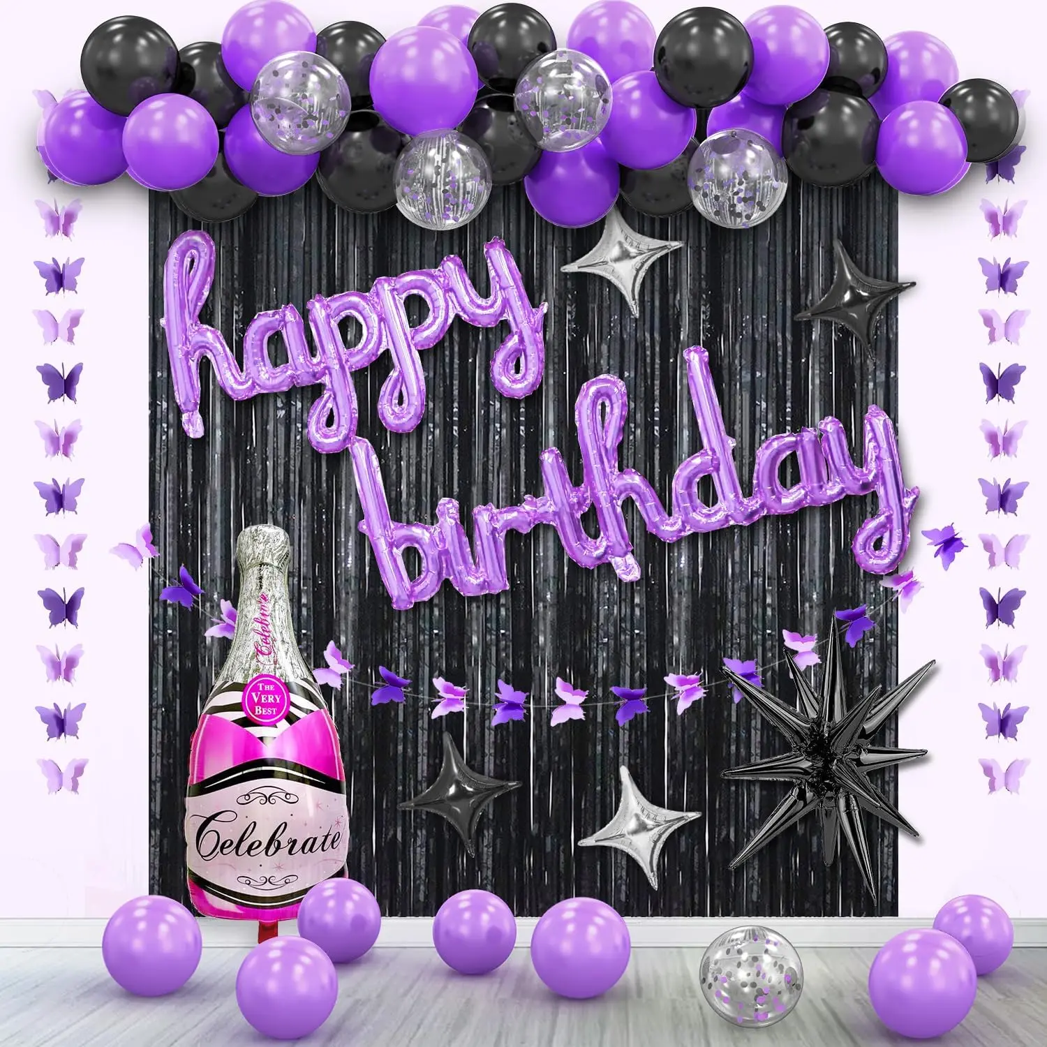 Purple Birthday Decorations for Girls Women - Purple Black Balloon Garland Arch Kit with Fringe Curtains & Happy Birthday Banner Backdrop Background