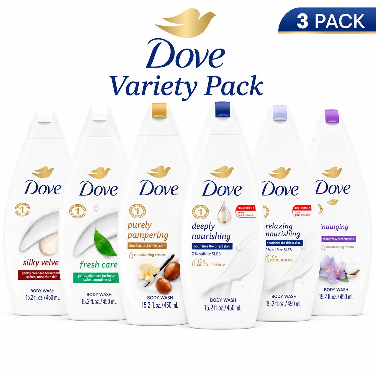 Dove Body Wash Variety Pack 3 x 450ml – Hydrating & Gentle Skin Care Set Body Care Cleansing