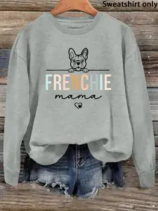Women's Round Neck Sweatshirt, Cute French Bulldog Print, Soft Color Font Design, Comfortable Fit, Casual Fall & Winter Wear