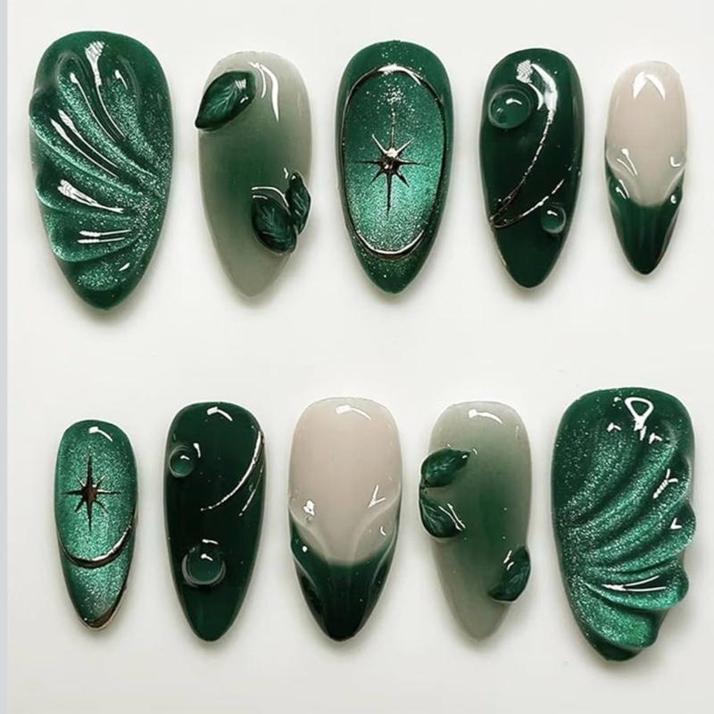 10Pcs 3D Green Ripple Design False Nails Cat's Eye French Almond Fake Nail Tips Leaves Pattern Removable Oval Press on Nails ABS Material Ballerina Style Easy to Use