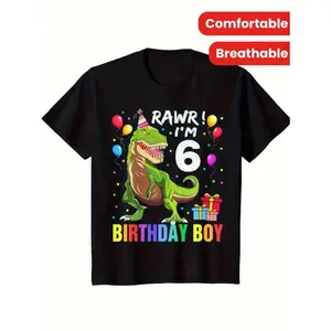 Kids 6 Year Old Shirt 6th Birthday Boy T Rex Dinosaur T-Shirt For Kids, Soft Fabric, Breathable, Comfortable Short Sleeve Tees Perfect For Summer, Toddlers Birthday To Kids Clothes