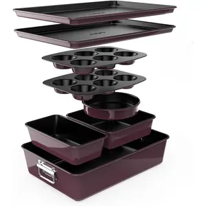 8-Piece Nonstick Stackable Bakeware Set - PFOA, PFOS, PTFE Free Baking Tray Set w/Non-Stick Coating, 450°F Oven Safe, Round Cake, Loaf, Muffin, Wide/Square Pans, Cookie Sheet (Plum)