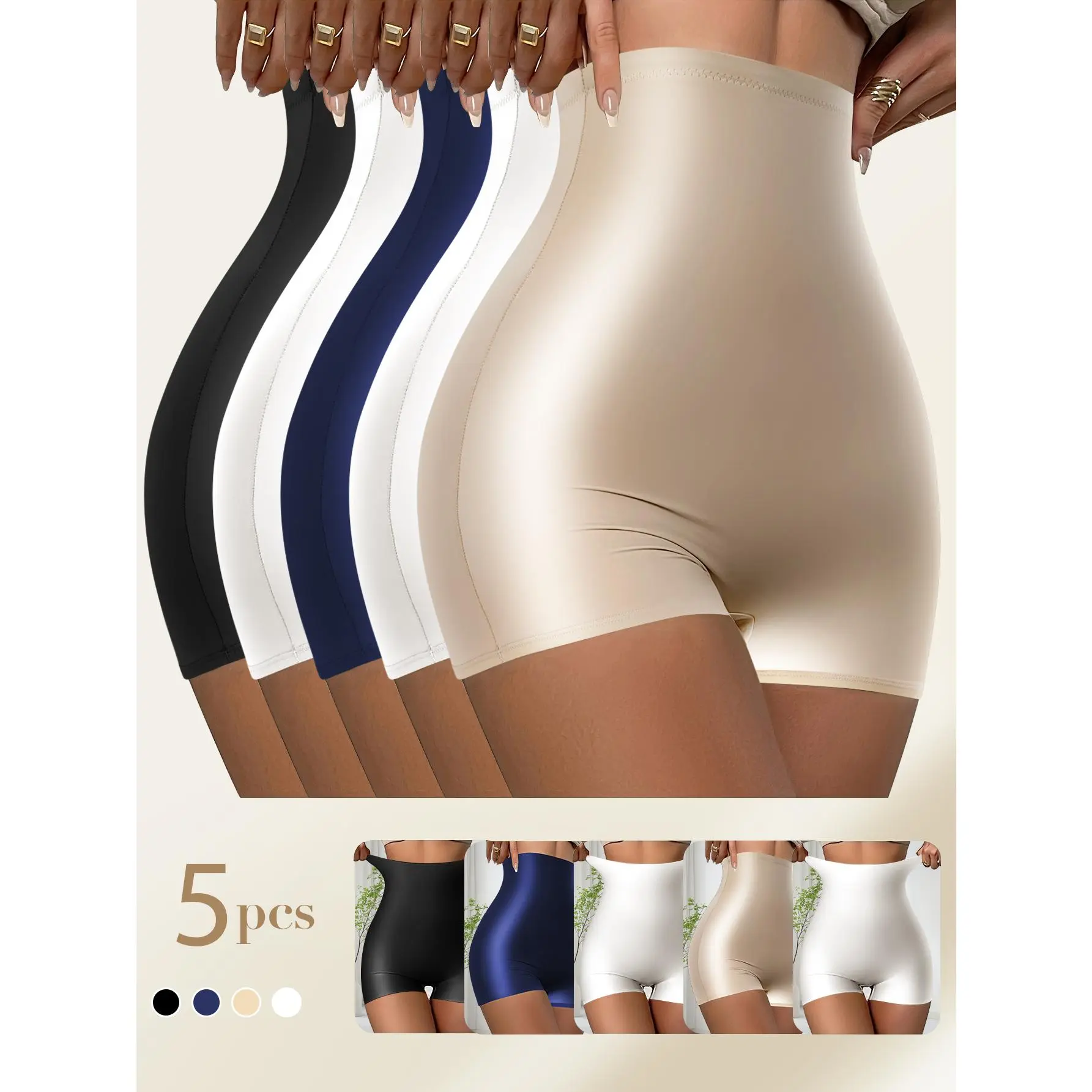 QUASTI Women's 5-Pcs Essential High-Waisted Seamless Safety Panties, Smooth Milk Silky Fabric, Fit Breathable No-Show Full Coverage Invisible Everyday Boyshorts Briefs