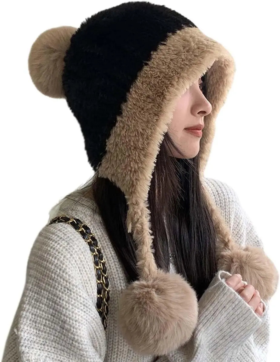 Winter Women's Cold-proof Hat with Cute Faux Fur Pompom Fleece Lining Colorblock Knitted Hat Fashionable Daily Travel Headwear Knitting Beanie Handcrafted Cap