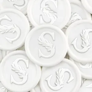 50Pcs White Wax Seal Stickers Handmade Vintage Botanical Leaves Adhesive Letter Wax Stickers for Wedding Party Invitations, Envelope, Gift Wrap, Christmas(Initial S, White)