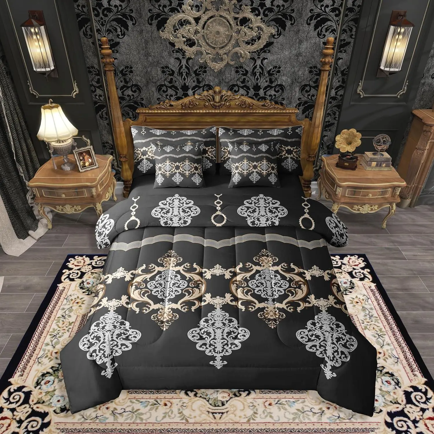 Feelyou 7-Piece Ultra-Soft Microfiber Vintage Victorian Gothic Baroque Damask Paisley Bed Comforter Set - Multi-Size Queen Set for Adults (White, Gold, Black), Multi-Size Set