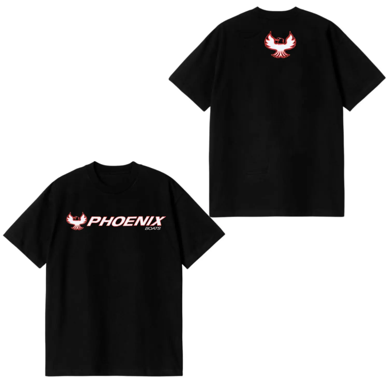 Men's Seamless Ribbed Cotton Fabric Short-Sleeve Phoenix Boats Black T-Shirt - Red Phoenix Logo, Front & Back Graphics for Boating Enthusiasts, Shortsleeve, Menswear