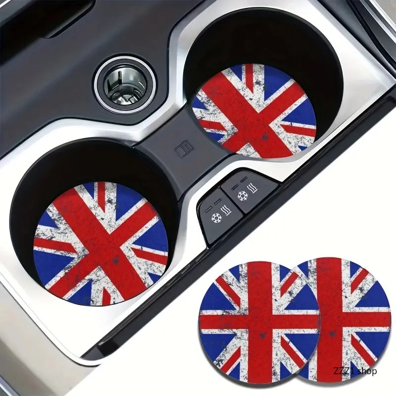 Car Cup Holder Mat, 2-Pack Vintage Union Jack Ceramic Coasters, Absorbent Car Accessory for Road Trips and Travel Gifts, Vintage Aesthetic, Uk Flag, 2Pcs, Birthday, Car Accessories, Accessories For Car