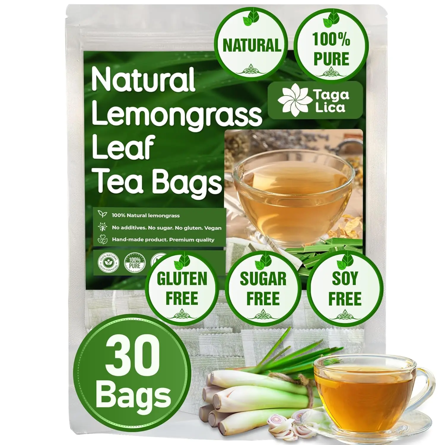 30 Lemongrass Tea Bags, 100% Natural & Pure Lemongrass leaves, Eco-Conscious Tea Bags, Lemongrass Herbal Tea. Lemongrass Leaf Tea. No Sugar, No Caffeine, No Gluten, Vegan. Beverage