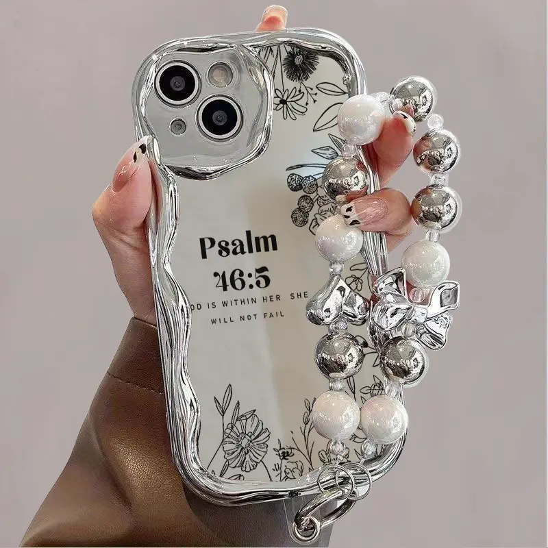 Electroplated Silver Patterned Silicone Smartphone Case with Pearl Bracelet Strap, Arc Edge, Shockproof, Durable, 4 Unique Mixed-Color Designs, Thick Cute Fashion Accessory for iPhone 11-16 Pro/Pro Max/Plus, Accessories