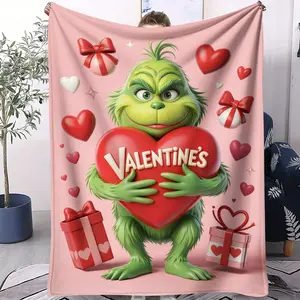 Valentine's Day Grinch Pattern Plush Blanket, Soft Warm Lightweight, Perfect for Valentine's Gift, Bed Sofa Car Room Decor, Single-Sided Print