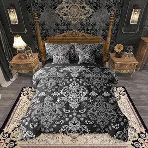 Adults Comforter Set,Black Damask Bed in A Bag 7 Pieces for Kids Girls Boys Victorian Baroque Antique Gothic Bohemian Bed Set,Vintage Exotic Bedding