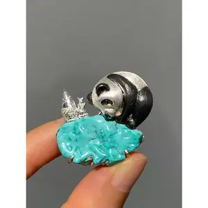 S925 Silver Natural Turquoise Sri Lankan Sapphire Panda Brooch, Pendant.a one-of-a-kind piece in the world