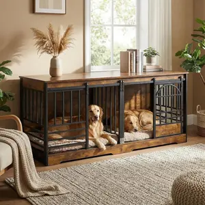 Extra Large Double Dog Crate Furniture – Heavy-Duty Wooden Kennel with Divider, Sliding Doors, Dual Enclosure – Indoor Farmhouse Style Dog House, End Table & TV Stand for X-Large Breeds, Cognac Brown