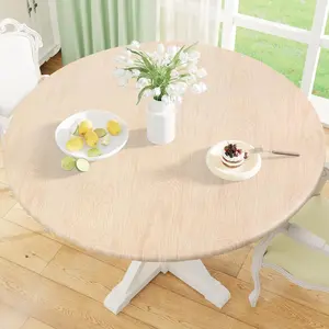 1pc Round Wood Grain Table Cover, Vinyl Waterproof Oil-Resistant Easy-Clean, Non-Slip Tablecloth, Elastic Backing, Indoor Outdoor Use