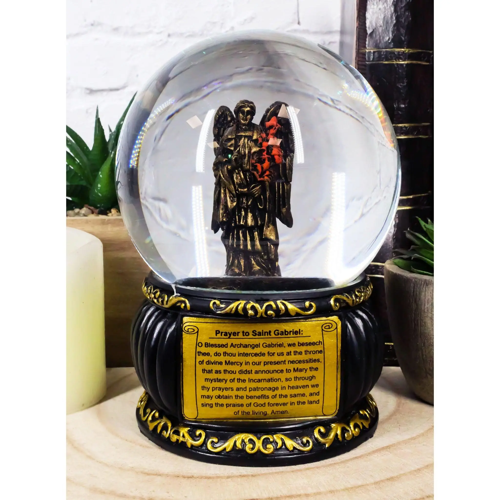 Christian Holy Archangel Saint Gabriel Messenger of God Handpainted Gold Resin Water Globe Figurine, 4" Wide 5.25" Tall Christianity Decorative Desk Piece with Prayer Caption, Home Supplies Statues & Bobbleheads