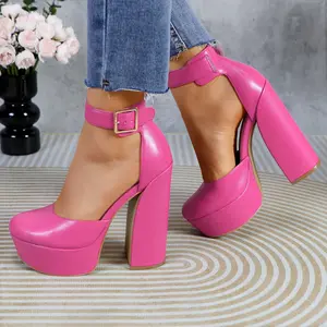 Women's Platform Pumps High Heels PU Leather 5.51-inch Chunky Block Heel Closed Round Toe Ankle Strap Elegant Dress Shoes Fashion Heeled Girl Comfortable Casual Footwear for Wedding Party Prom Evening XQX