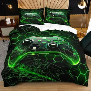2/3Piece Green Modern Gaming Controller Duvet Cover Set, Neon Geometric Honeycomb Bedding Set, Perfect for Boys' and Girls' Bedroom Decor, Ideal for Gaming Rooms, the Perfect Gift for Boys Who Love Gaming