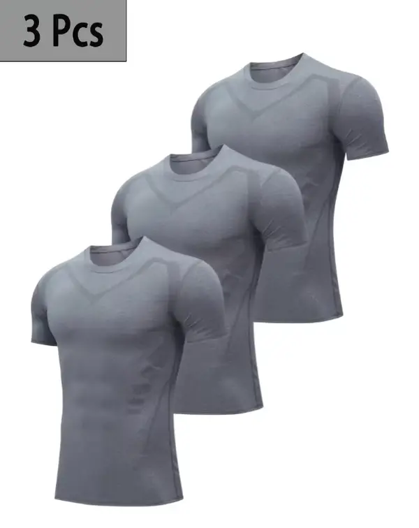 Men's 3-Pack Quick-Dry Breathable Compression T-Shirts Short-Sleeve Crew Neck Geometric Pattern Black Gray Accents for Gym Running Basketball