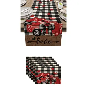 7-Piece Buffalo Plaid Heart Truck Table Runner Set, Valentine's Day Decorative Pillow & Mat, Anniversary Wedding Kitchen Home Decoration
